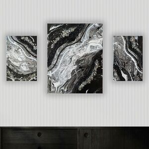Midnight Currents - Modern Geode Textured Abstract Wall Art Set of 3